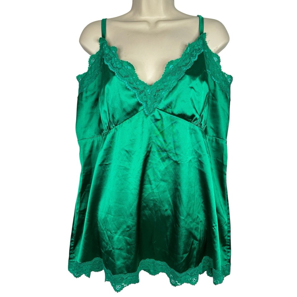 Y2K Green Satin Lace Camisole Top 3X Plus Size Babydoll Coquette Lingerie